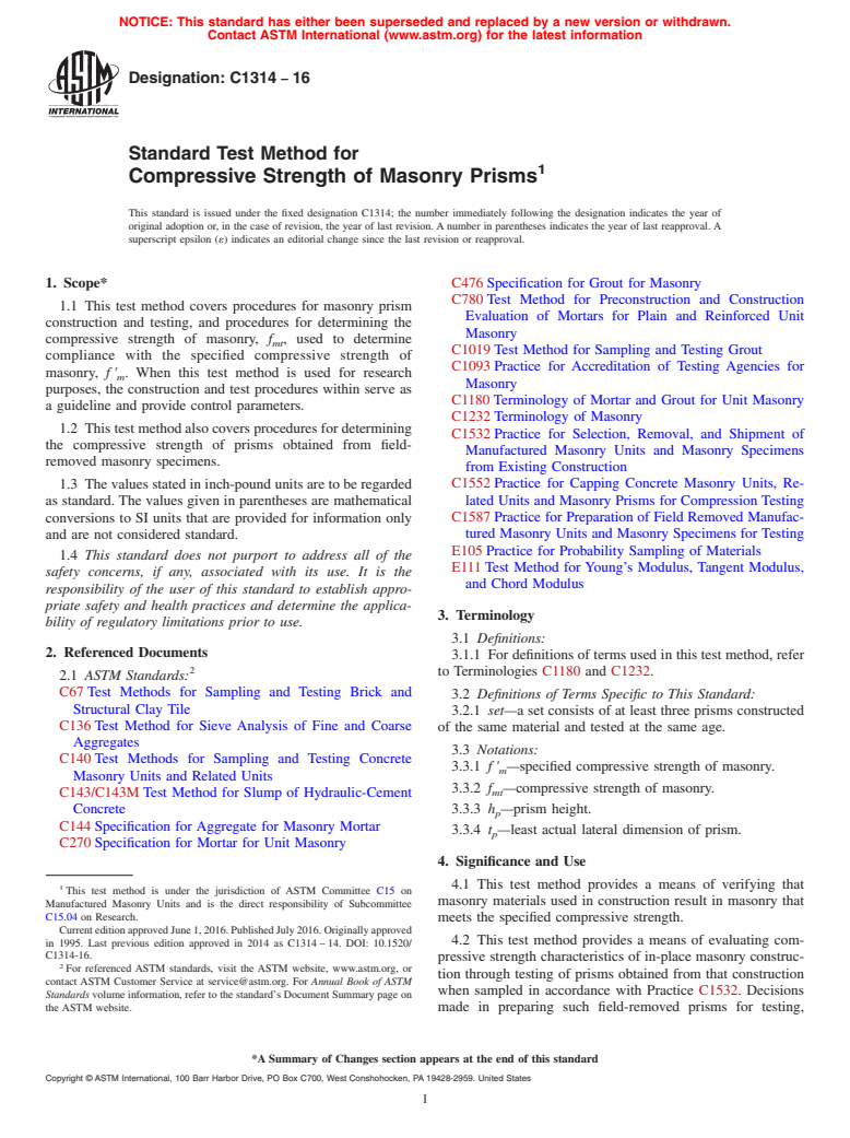 ASTM C1314-16 - Standard Test Method for  Compressive Strength of Masonry Prisms