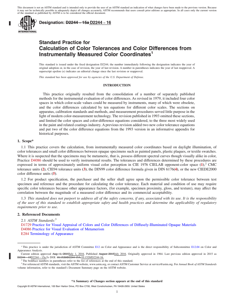 REDLINE ASTM D2244-16 - Standard Practice for Calculation of Color Tolerances and Color Differences from   Instrumentally       Measured Color Coordinates