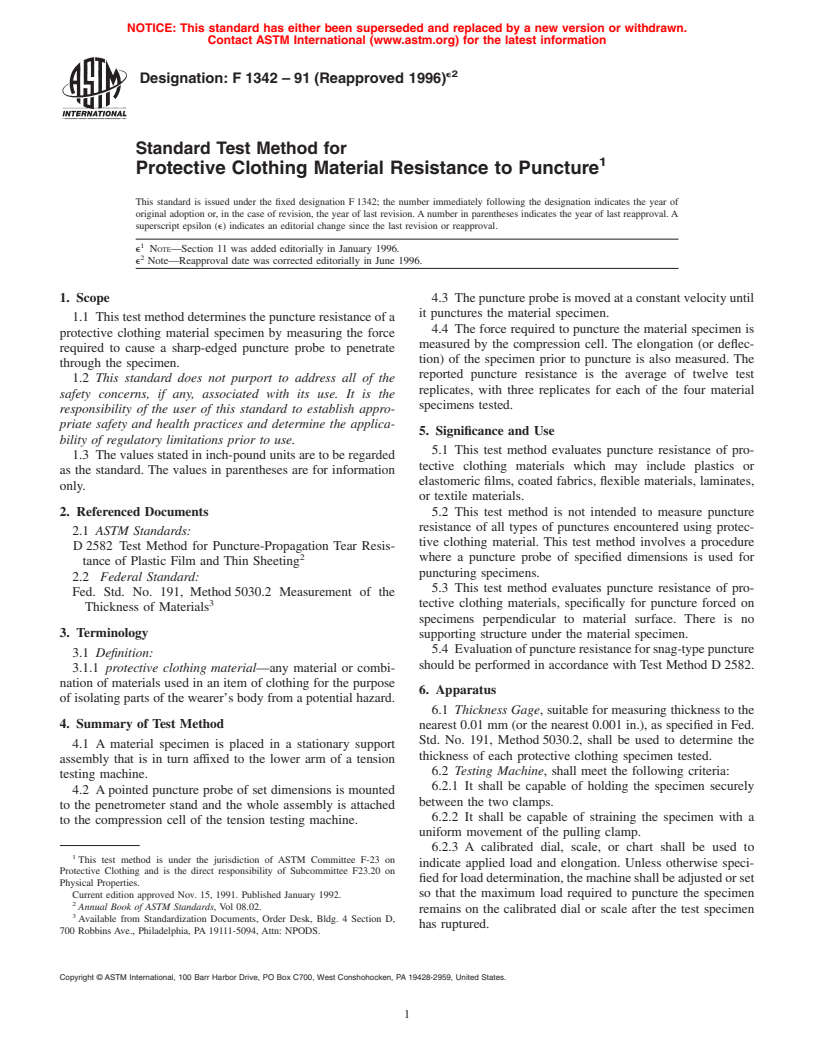 ASTM F1342-91(1996)e2 - Standard Test Method for Protective Clothing Material Resistance to Puncture