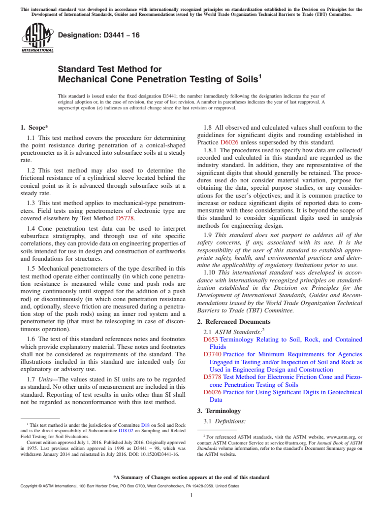 ASTM D3441-16 - Standard Test Method for Mechanical Cone Penetration Testing of Soils