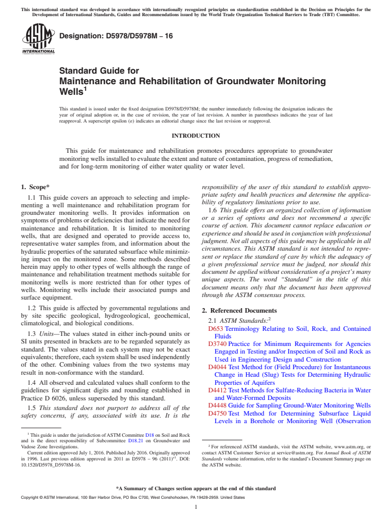 ASTM D5978/D5978M-16 - Standard Guide for Maintenance and Rehabilitation of Groundwater Monitoring Wells