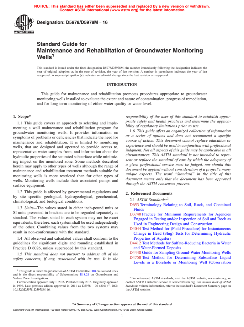 ASTM D5978/D5978M-16 - Standard Guide for Maintenance and Rehabilitation of Groundwater Monitoring Wells