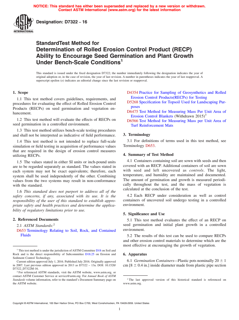 ASTM D7322-16 - Standard Test Method for Determination of Rolled Erosion Control Product (RECP) Ability  to Encourage Seed Germination and Plant Growth Under Bench-Scale Conditions