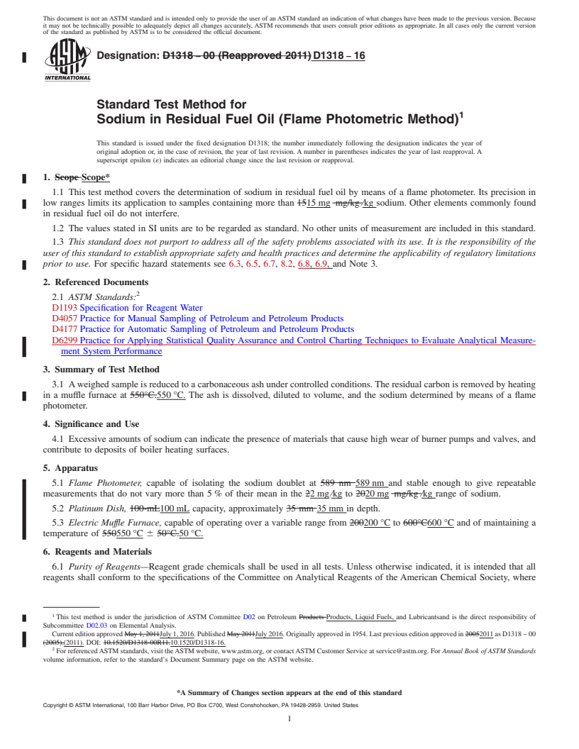 REDLINE ASTM D1318-16 - Standard Test Method for  Sodium in Residual Fuel Oil (Flame Photometric Method)