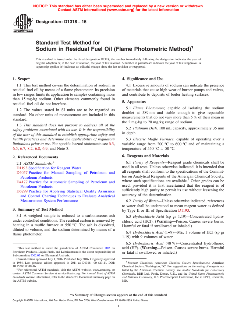 ASTM D1318-16 - Standard Test Method for  Sodium in Residual Fuel Oil (Flame Photometric Method)