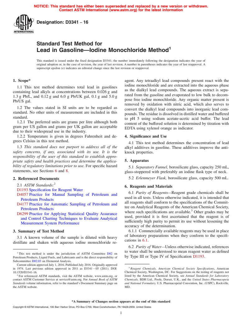 ASTM D3341-16 - Standard Test Method for  Lead in Gasoline&#x2014;Iodine Monochloride Method (Withdrawn 2022)