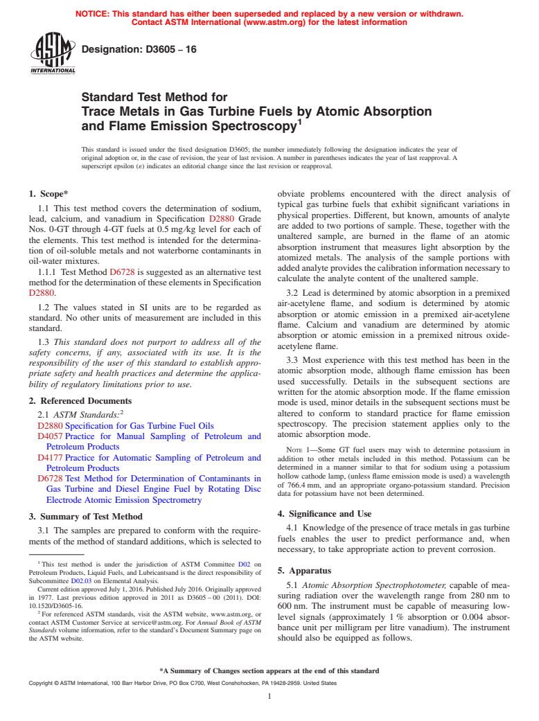 ASTM D3605-16 - Standard Test Method for  Trace Metals in Gas Turbine Fuels by Atomic Absorption and   Flame Emission Spectroscopy