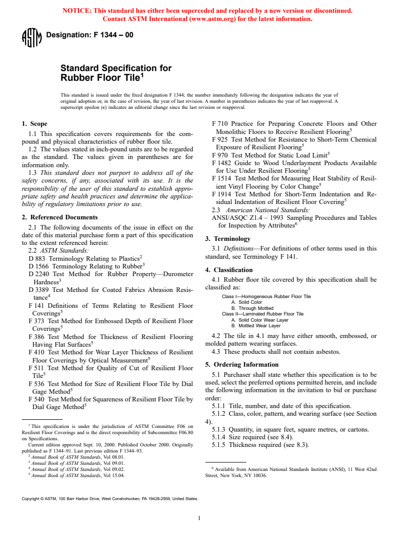ASTM F1344-00 - Standard Specification for Rubber Floor Tile