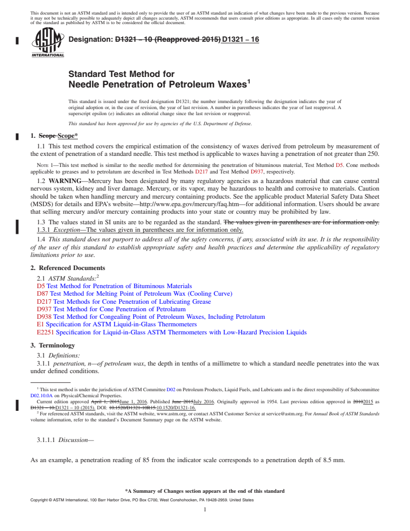 REDLINE ASTM D1321-16 - Standard Test Method for  Needle Penetration of Petroleum Waxes