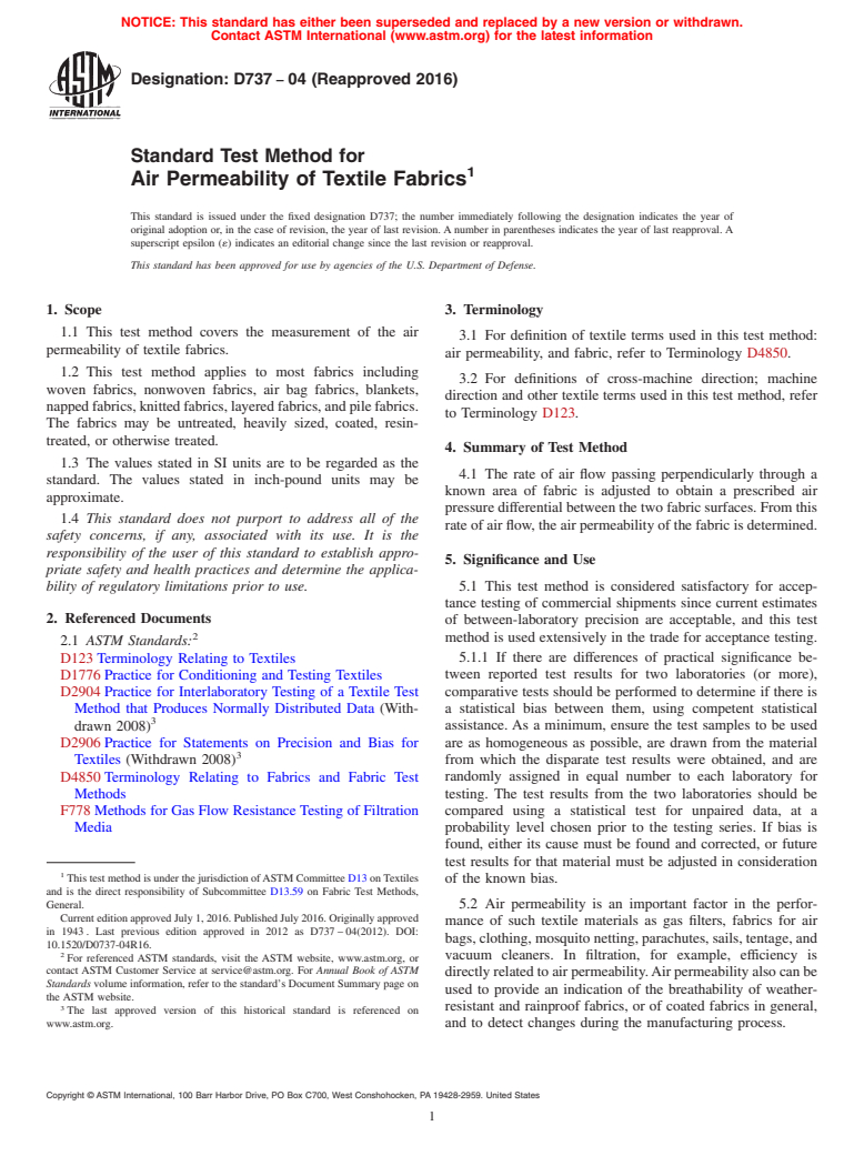 ASTM D737-04(2016) - Standard Test Method for  Air Permeability of Textile Fabrics