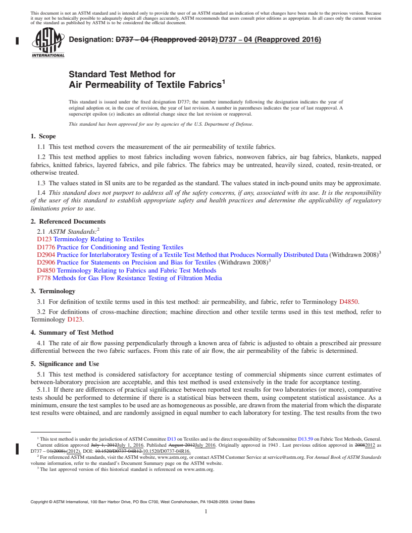 REDLINE ASTM D737-04(2016) - Standard Test Method for  Air Permeability of Textile Fabrics