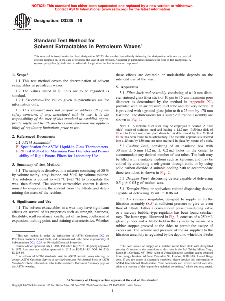 ASTM D3235-16 - Standard Test Method for  Solvent Extractables in Petroleum Waxes