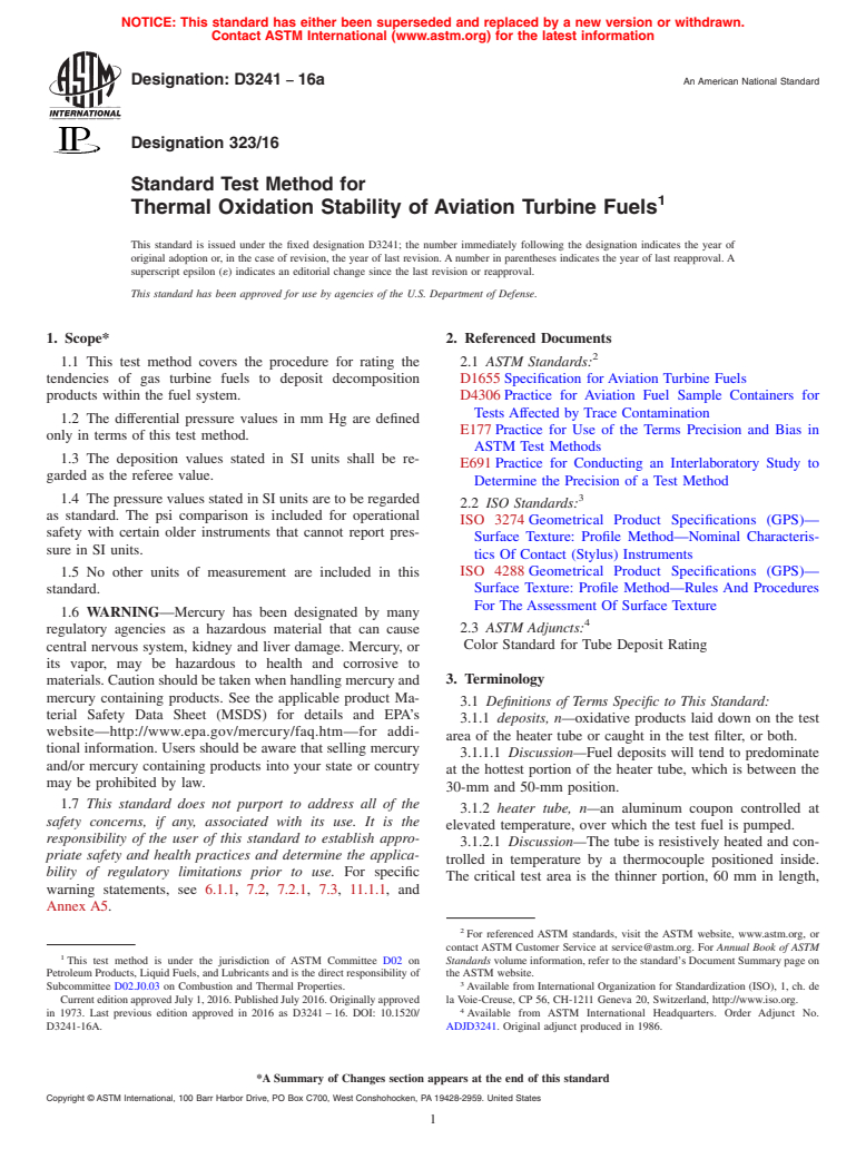 ASTM D3241-16a - Standard Test Method for Thermal Oxidation Stability of Aviation Turbine Fuels