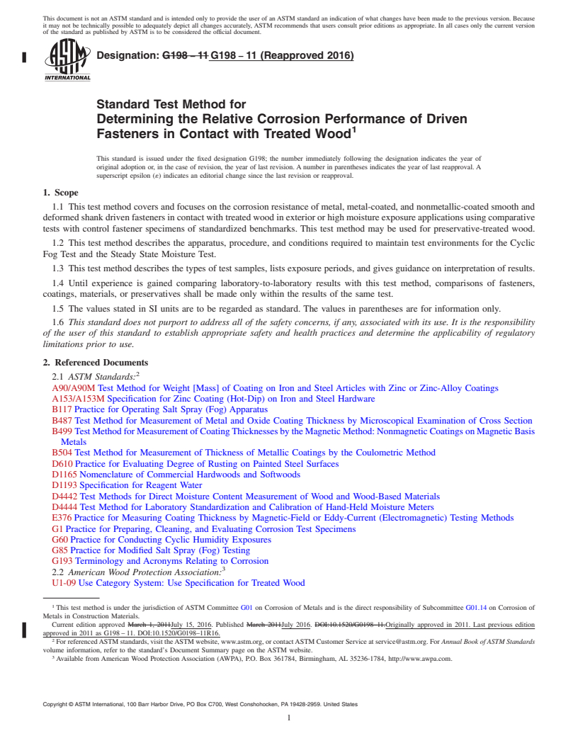 REDLINE ASTM G198-11(2016) - Standard Test Method for  Determining the Relative Corrosion Performance of Driven Fasteners  in Contact with Treated Wood