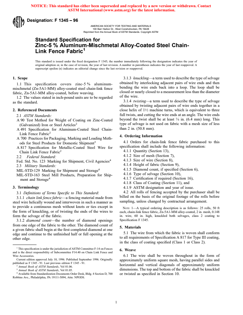 ASTM F1345-96 - Standard Specification for Zinc-5% Aluminum-Mischmetal Alloy-Coated Steel Chain-Link Fence Fabric