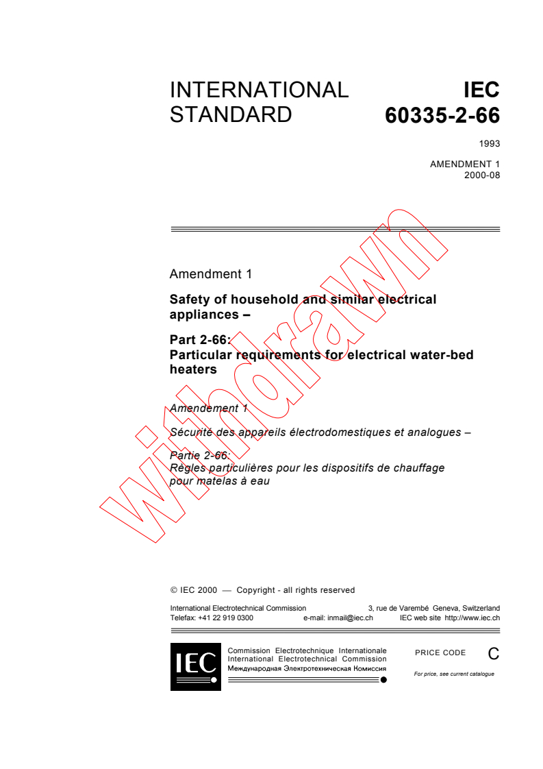 IEC 60335-2-66:1993/AMD1:2000 - Amendment 1 - Safety of household and similar electrical appliances - Part 2-66: Particular requirements for electrical water-bed heaters
Released:8/30/2000
Isbn:2831854156