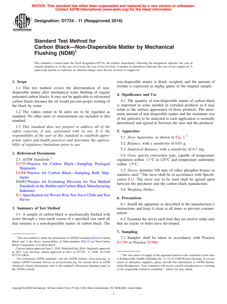 ASTM D7724-11(2016) - Standard Test Method for  Carbon Black&#x2014;Non-Dispersible Matter by Mechanical Flushing  (NDM)