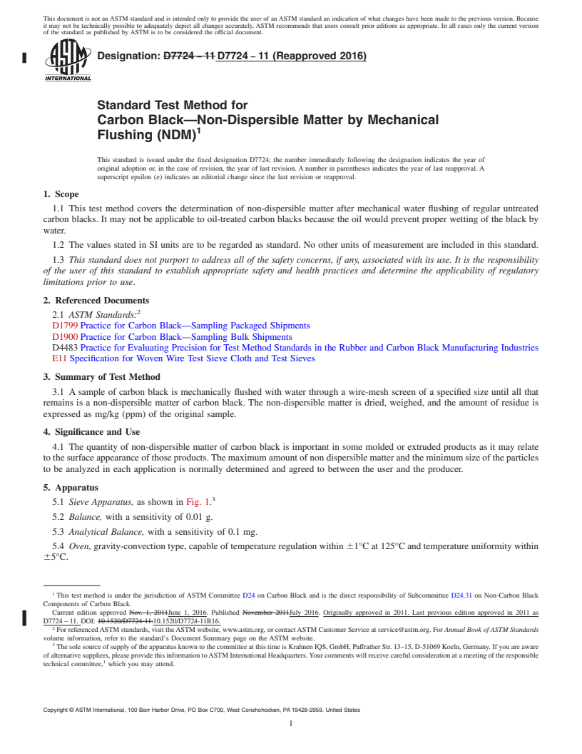 REDLINE ASTM D7724-11(2016) - Standard Test Method for  Carbon Black&#x2014;Non-Dispersible Matter by Mechanical Flushing  (NDM)