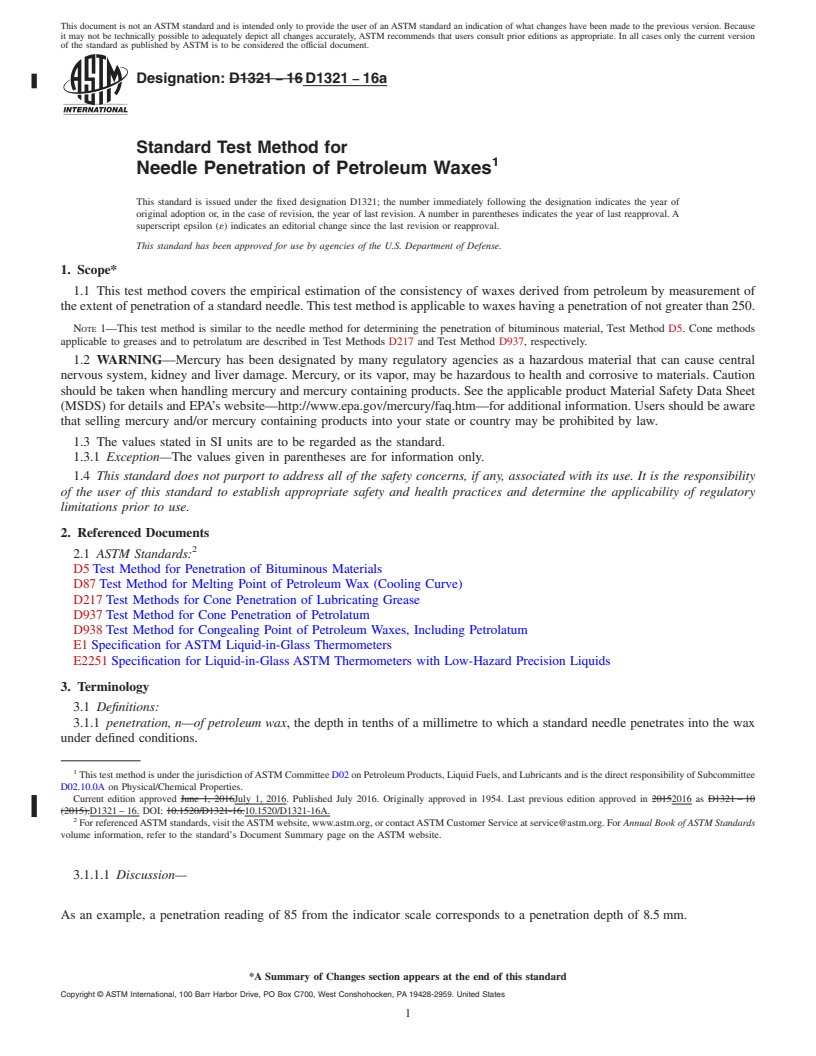 REDLINE ASTM D1321-16a - Standard Test Method for  Needle Penetration of Petroleum Waxes
