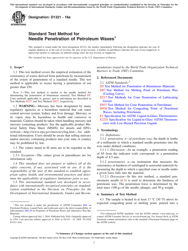 ASTM D1321-16a - Standard Test Method for  Needle Penetration of Petroleum Waxes