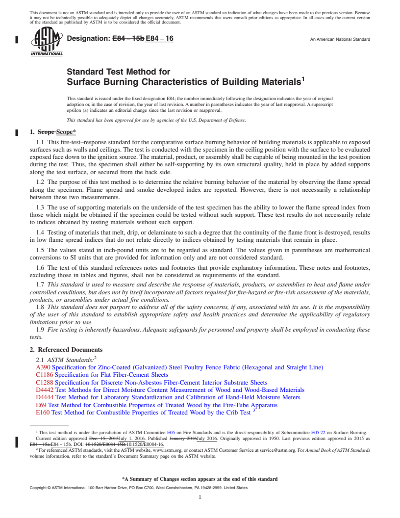 REDLINE ASTM E84-16 - Standard Test Method for  Surface Burning Characteristics of Building Materials