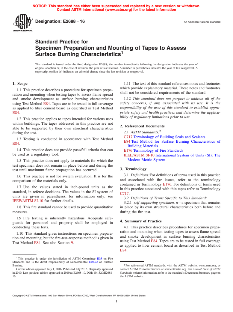 ASTM E2688-16 - Standard Practice for  Specimen Preparation and Mounting of Tapes to Assess Surface  Burning Characteristics