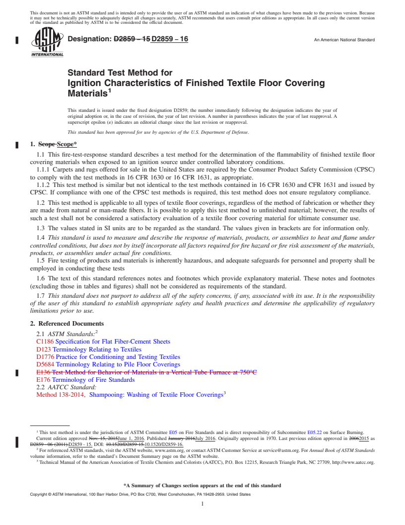 REDLINE ASTM D2859-16 - Standard Test Method for  Ignition Characteristics of Finished Textile Floor Covering  Materials