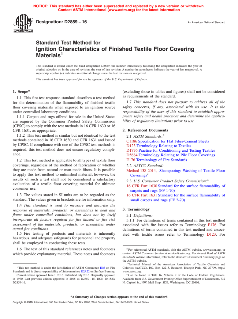 ASTM D2859-16 - Standard Test Method for  Ignition Characteristics of Finished Textile Floor Covering  Materials