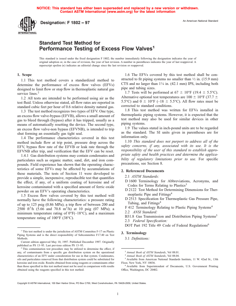 ASTM F1802-97 - Standard Test Method for Performance Testing of Excess Flow Valves