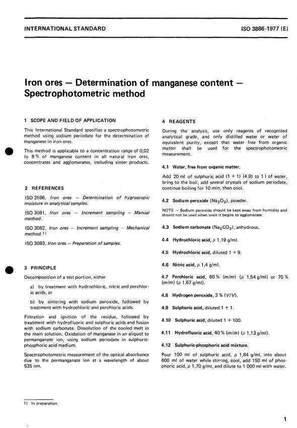 ISO 3886:1977 - Iron ores -- Determination of manganese content -- Spectrophotometric method