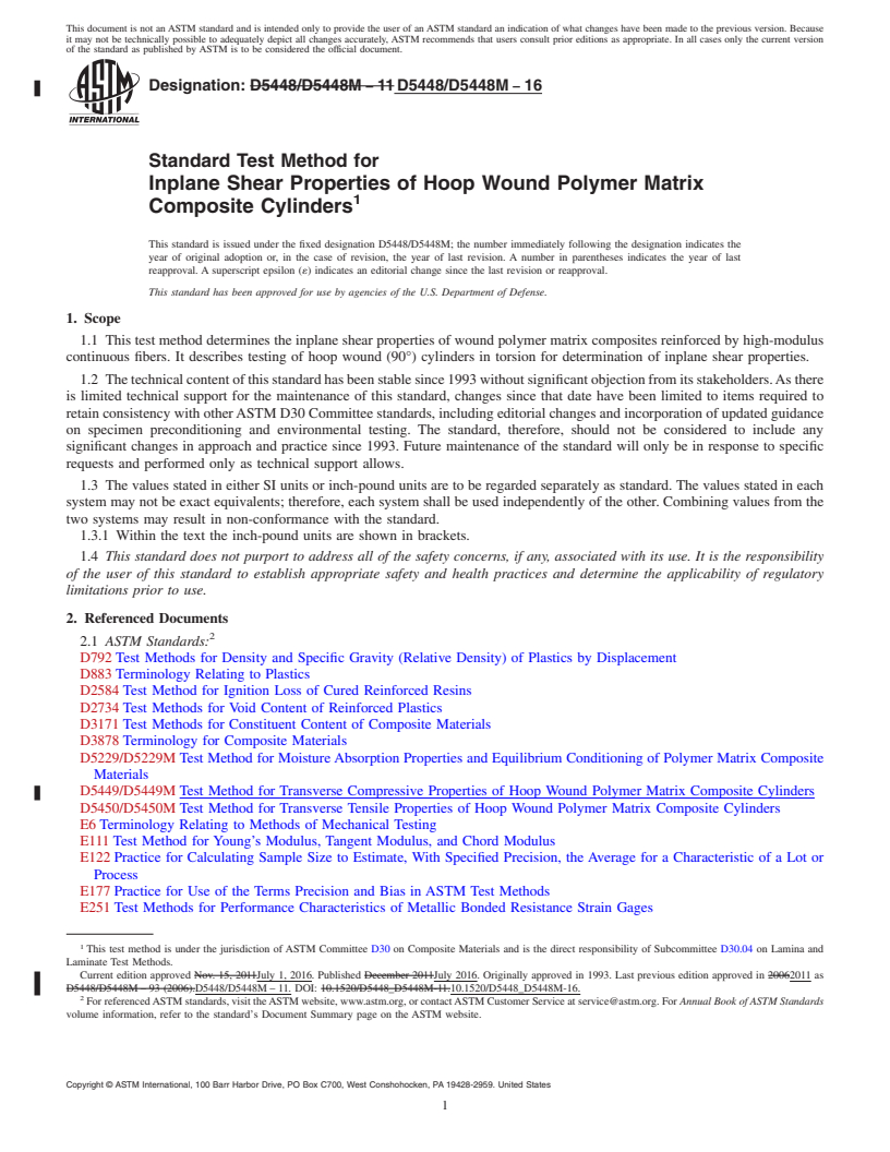 REDLINE ASTM D5448/D5448M-16 - Standard Test Method for  Inplane Shear Properties of Hoop Wound Polymer Matrix Composite  Cylinders