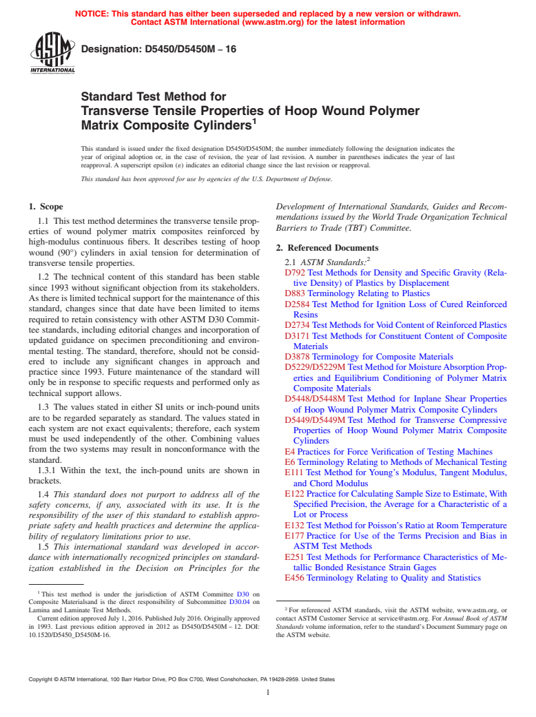 ASTM D5450/D5450M-16 - Standard Test Method for  Transverse Tensile Properties of Hoop Wound Polymer Matrix  Composite Cylinders