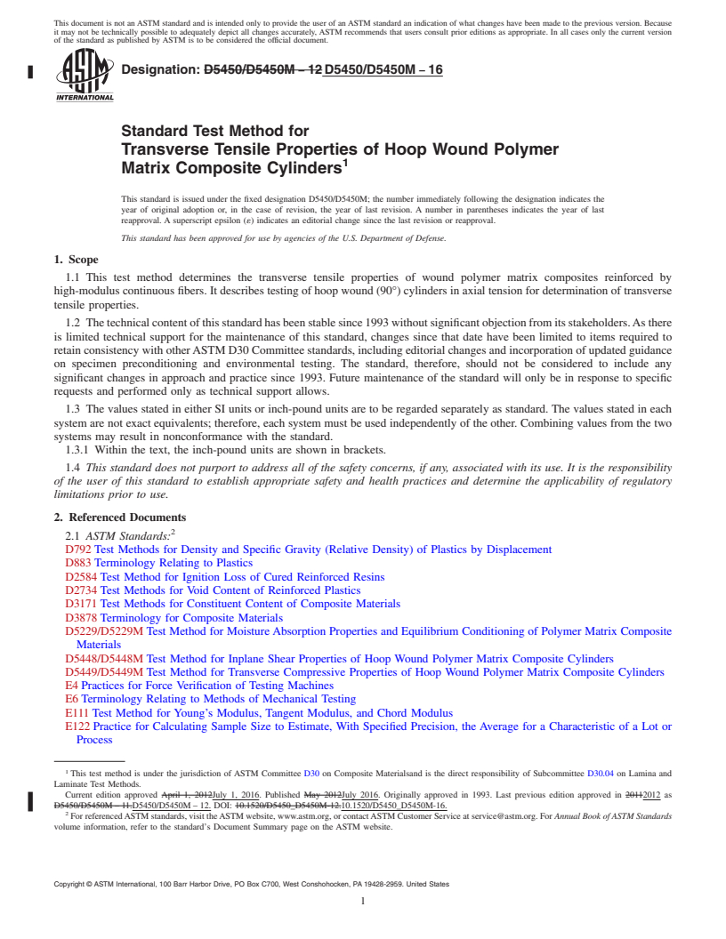 REDLINE ASTM D5450/D5450M-16 - Standard Test Method for  Transverse Tensile Properties of Hoop Wound Polymer Matrix  Composite Cylinders