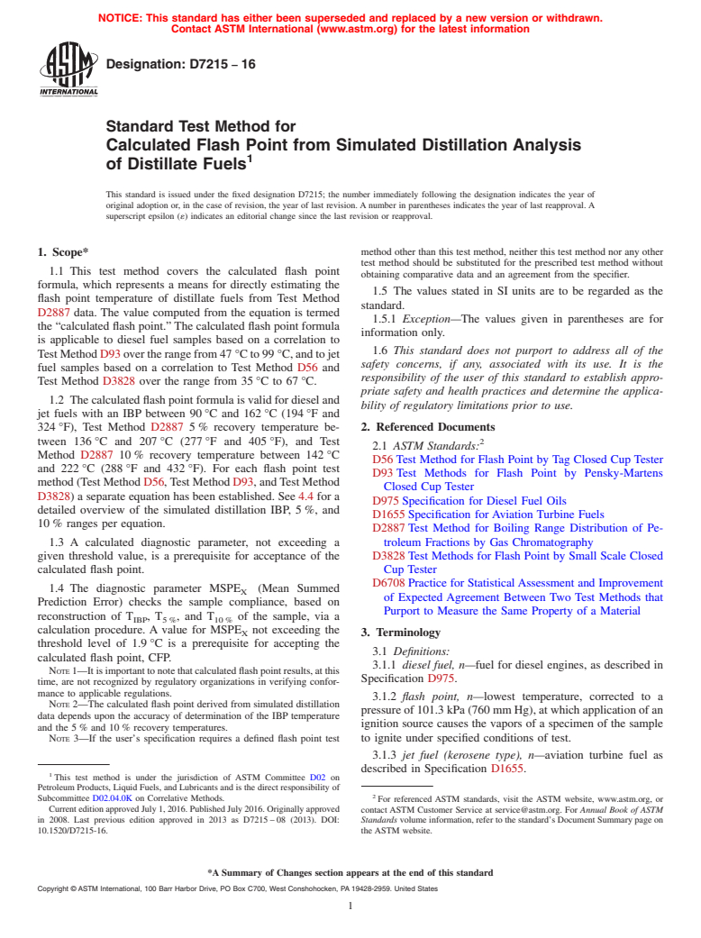 ASTM D7215-16 - Standard Test Method for  Calculated Flash Point from Simulated Distillation Analysis  of Distillate  Fuels