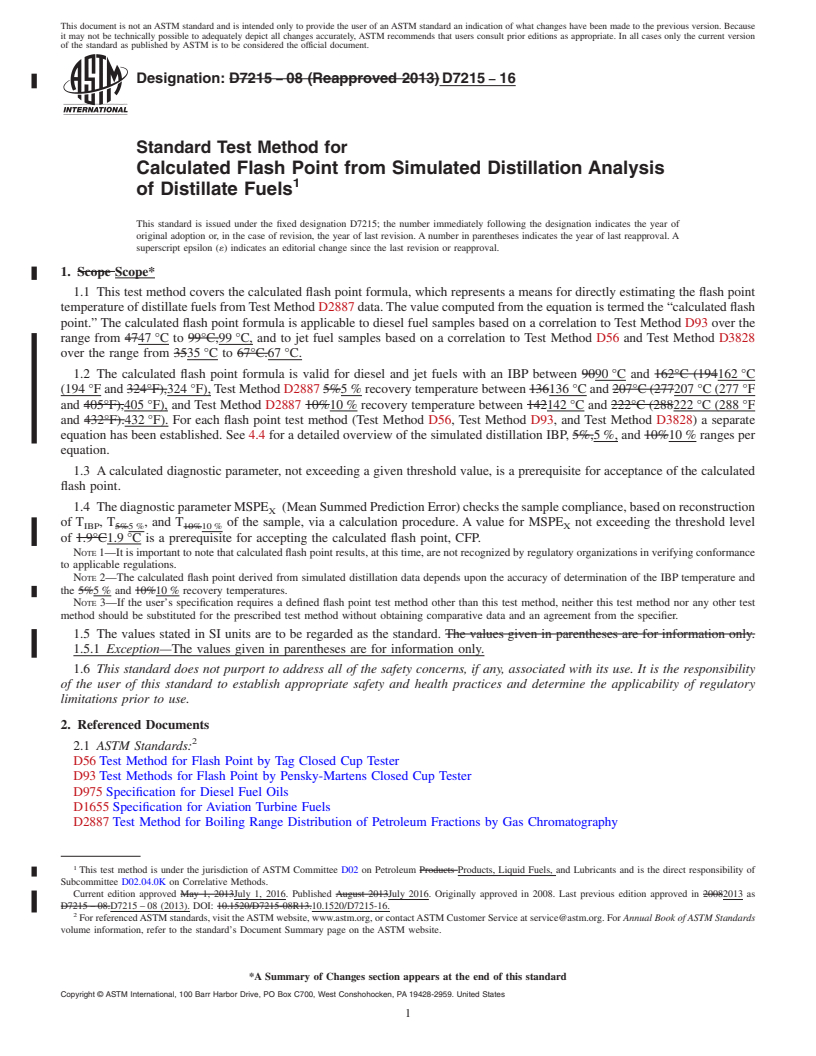 REDLINE ASTM D7215-16 - Standard Test Method for  Calculated Flash Point from Simulated Distillation Analysis  of Distillate  Fuels