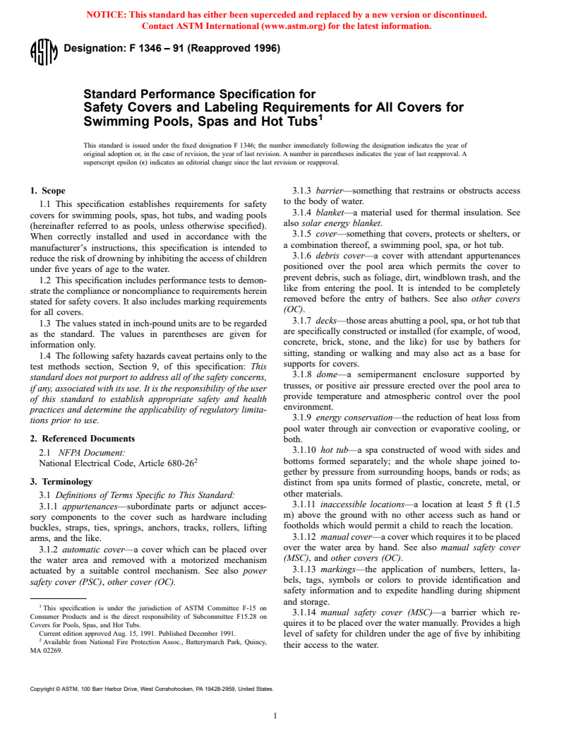 ASTM F1346-91(1996) - Standard Performance Specification for Safety Covers and Labeling Requirements for All Covers for Swimming Pools, Spas and Hot Tubs