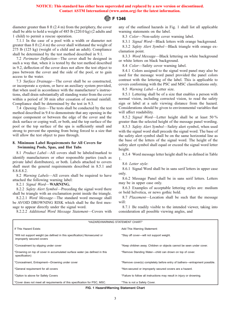 ASTM F1346-91(1996) - Standard Performance Specification for Safety Covers and Labeling Requirements for All Covers for Swimming Pools, Spas and Hot Tubs