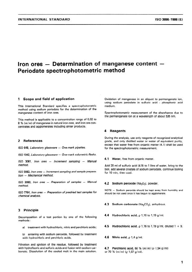 ISO 3886:1986 - Iron ores -- Determination of manganese content -- Periodate spectrophotometric method