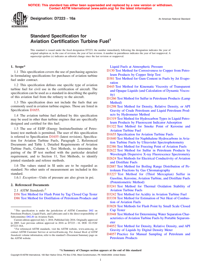 ASTM D7223-16a - Standard Specification for  Aviation Certification Turbine Fuel