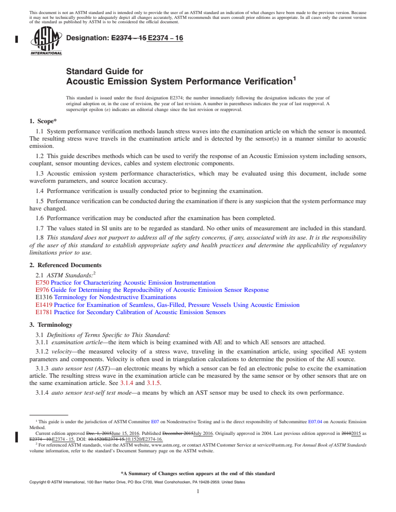 REDLINE ASTM E2374-16 - Standard Guide for  Acoustic Emission System Performance Verification