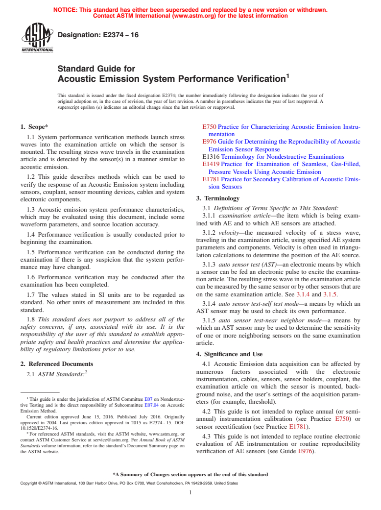 ASTM E2374-16 - Standard Guide for  Acoustic Emission System Performance Verification