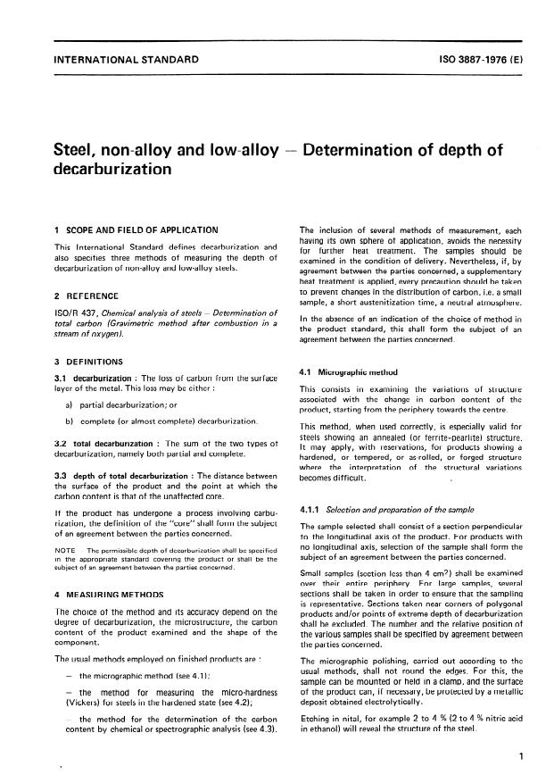 ISO 3887:1976 - Steel, non-alloy and low-alloy -- Determination of depth of decarburization