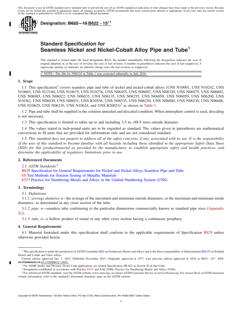 REDLINE ASTM B622-15e1 - Standard Specification for Seamless Nickel and Nickel-Cobalt Alloy Pipe and Tube