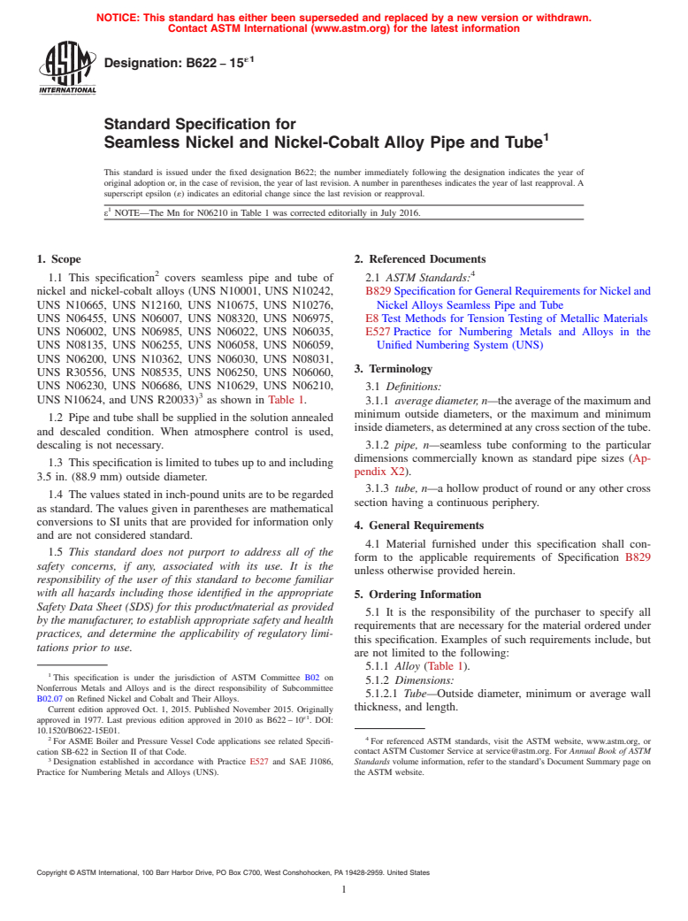 ASTM B622-15e1 - Standard Specification for Seamless Nickel and Nickel-Cobalt Alloy Pipe and Tube