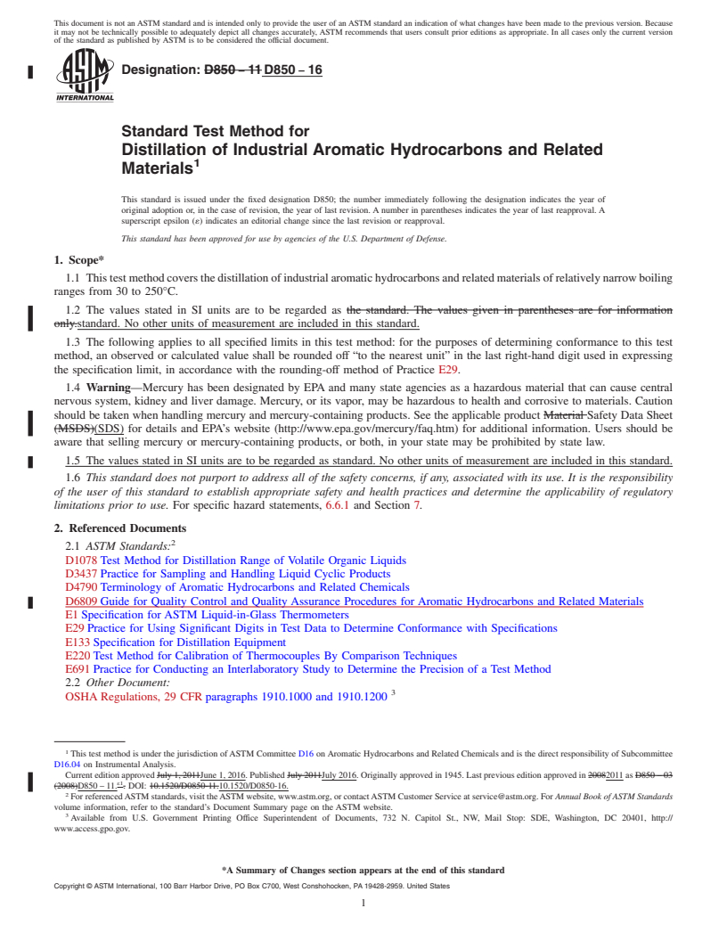 REDLINE ASTM D850-16 - Standard Test Method for Distillation of Industrial Aromatic Hydrocarbons and Related   Materials