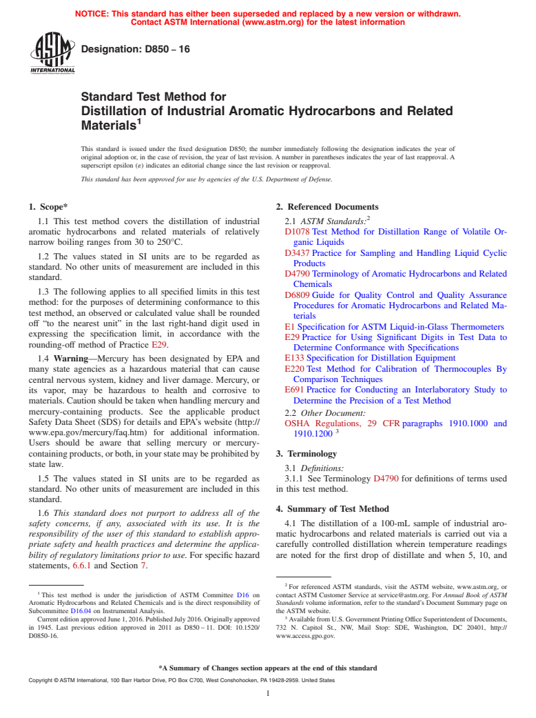 ASTM D850-16 - Standard Test Method for Distillation of Industrial Aromatic Hydrocarbons and Related   Materials