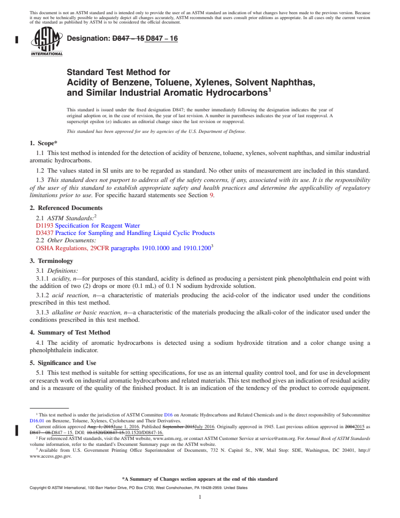 REDLINE ASTM D847-16 - Standard Test Method for Acidity of Benzene, Toluene, Xylenes, Solvent Naphthas, and  Similar  Industrial Aromatic Hydrocarbons