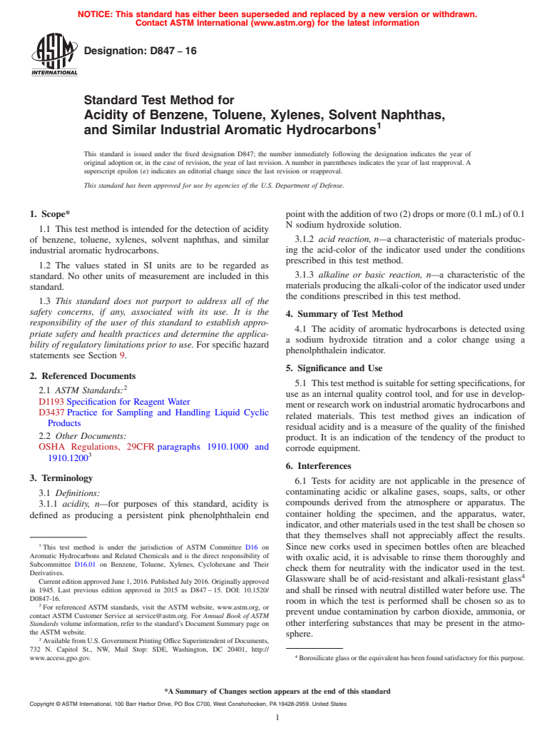 ASTM D847-16 - Standard Test Method for Acidity of Benzene, Toluene, Xylenes, Solvent Naphthas, and  Similar  Industrial Aromatic Hydrocarbons