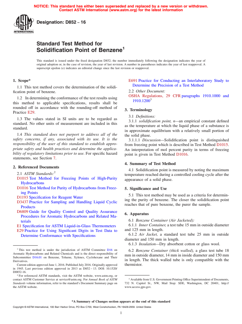 ASTM D852-16 - Standard Test Method for Solidification Point of Benzene