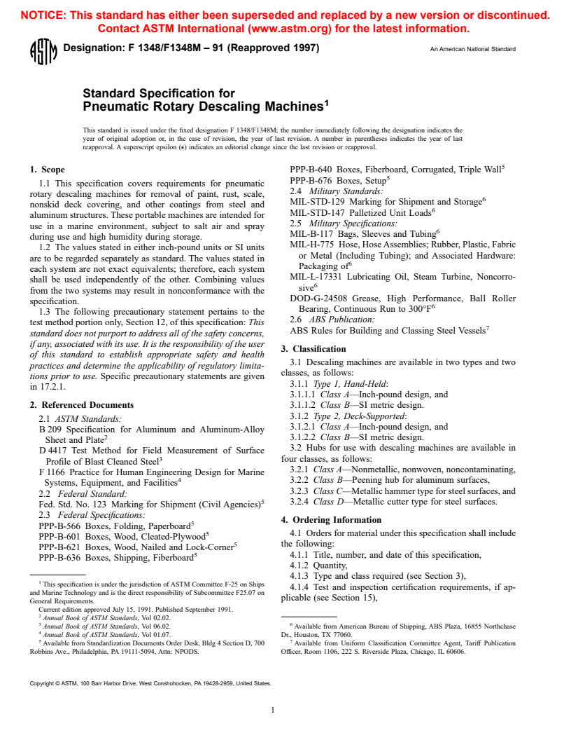 ASTM F1348/F1348M-91(1997) - Standard Specification for Pneumatic Rotary Descaling Machines